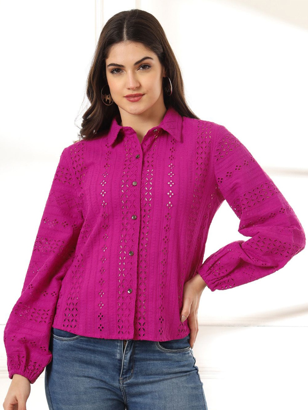 

CHARMGAL Women Classic Spread Collar Textured Casual Shirt, Fuchsia
