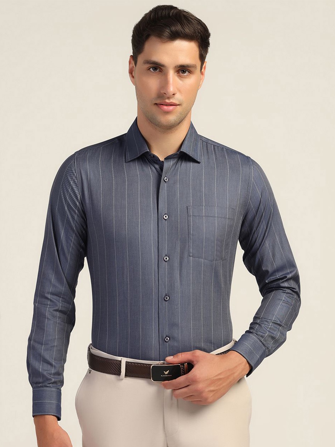 

Blackberrys Men India Slim Spread Collar Vertical Striped Cotton Slim Fit Formal Shirt, Grey