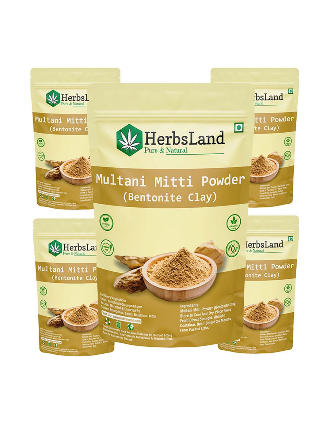 

HerbsLand Set Of 5 Multani Mitti Powder Face Pack - 100 g Each, Beige