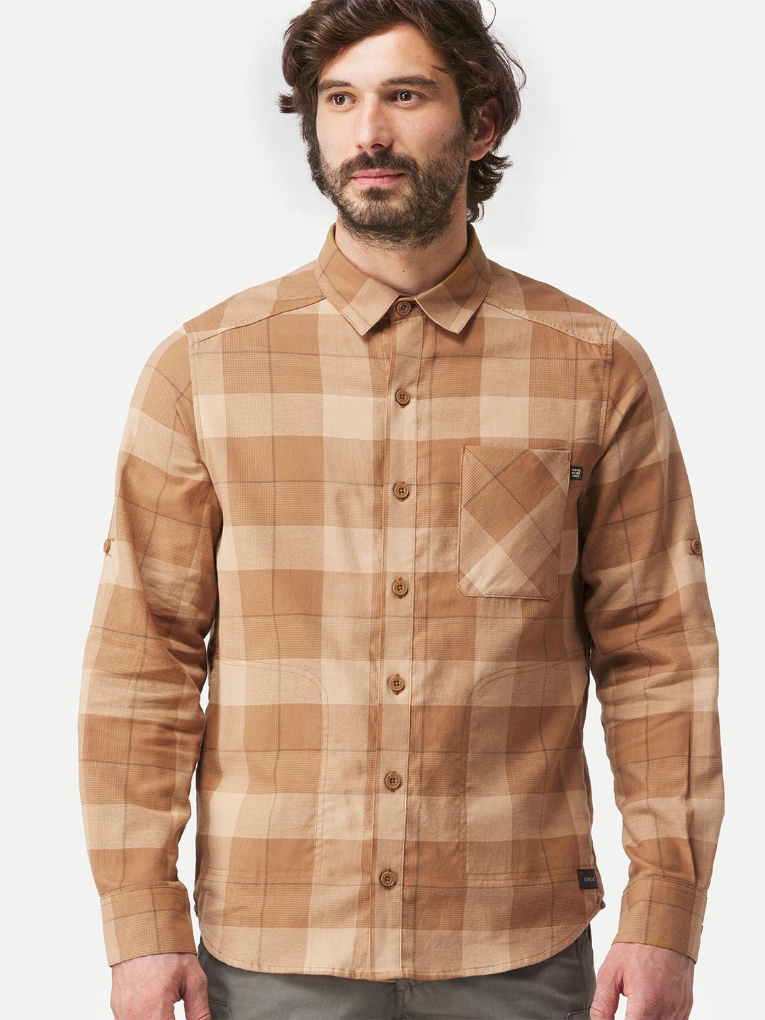 

FORCLAZ By Decathlon Men Classic Spread Collar Checked Cotton Casual Shirt, Brown