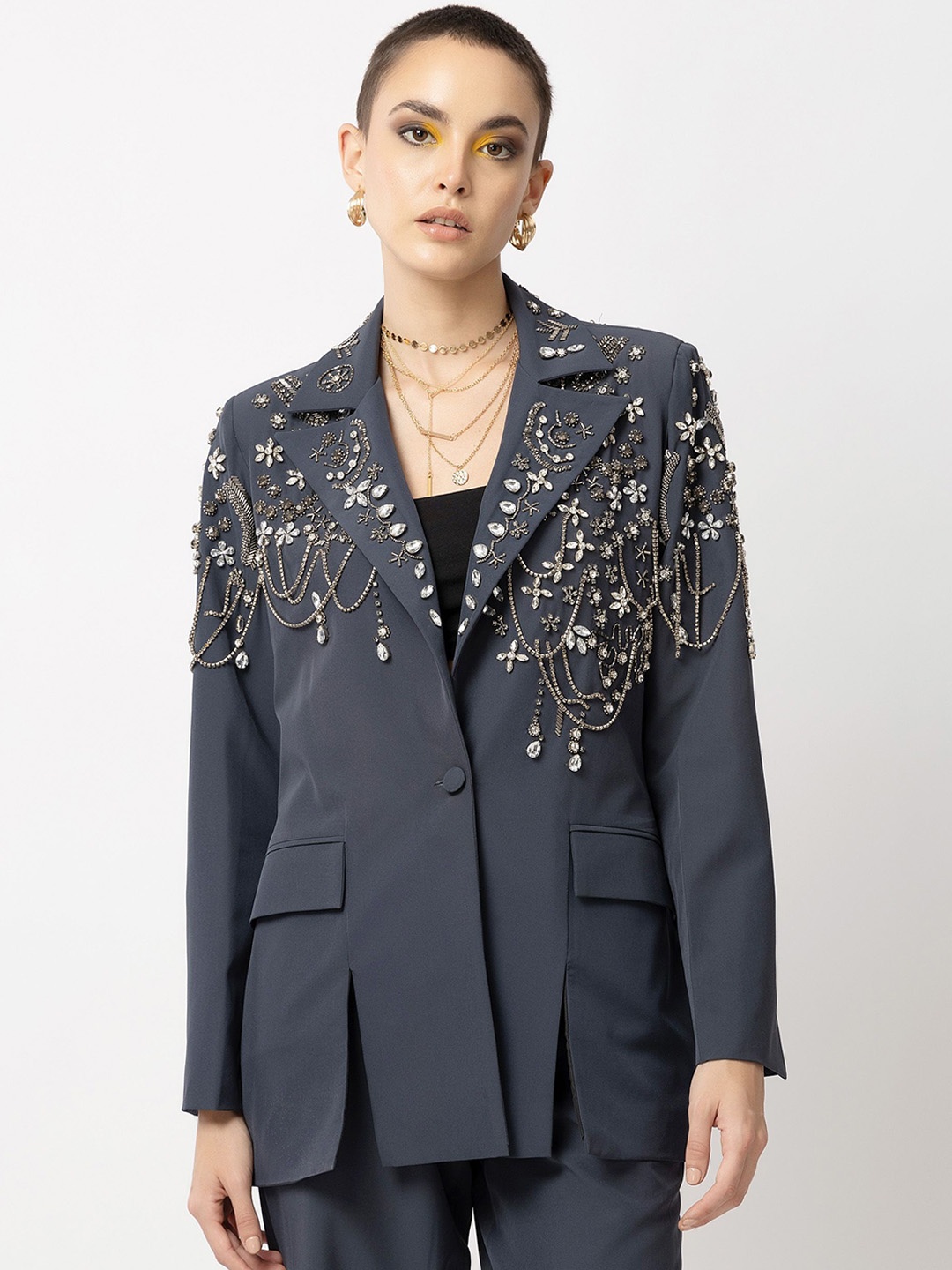 

Diwaah Embroidered Notched Lapel Collar Blazer With Trouser, Grey