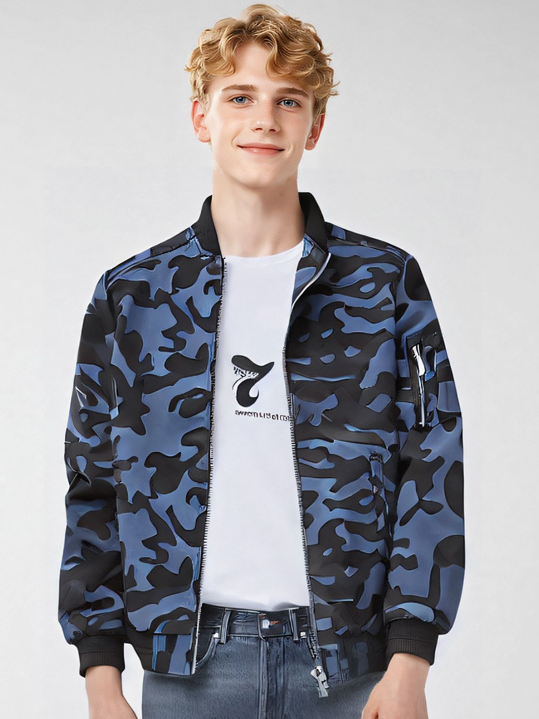 

StyleCast x Revolte Men Stand Collar Camouflage Printed Casual Bomber Jacket, Black