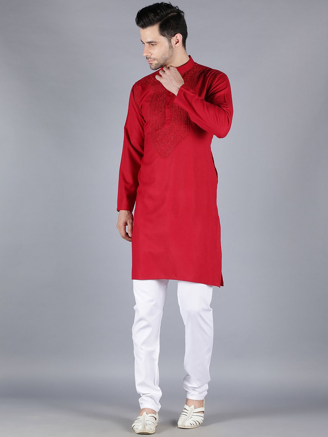 

Seva Chikan Floral Embroidered Mandarin Collar Long Sleeves Pure Cotton Straight Kurta, Maroon