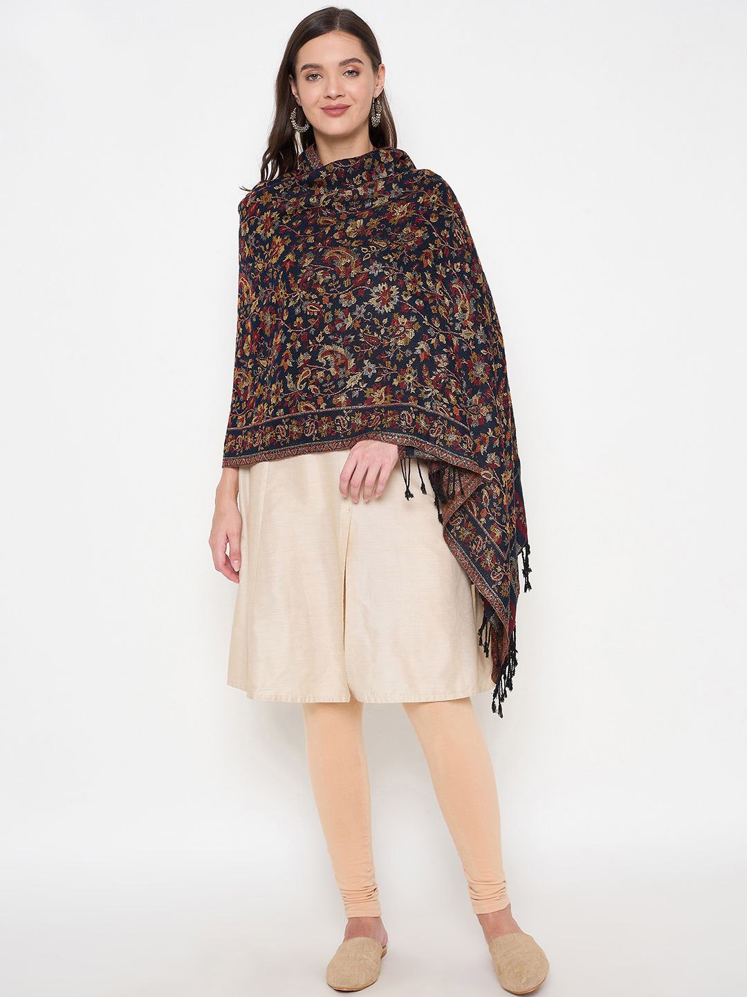 

Zigo Floral Woven Design Woollen Shawl, Navy blue