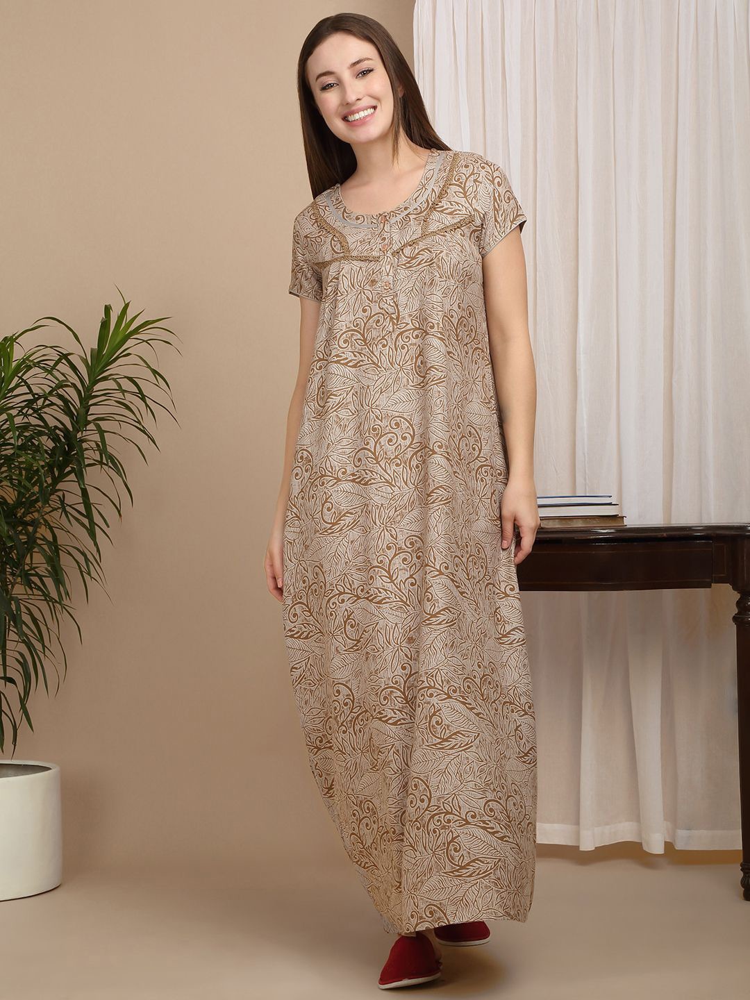

Sweet Dreams Floral Printed Maxi Pure Cotton Nightdress, Khaki