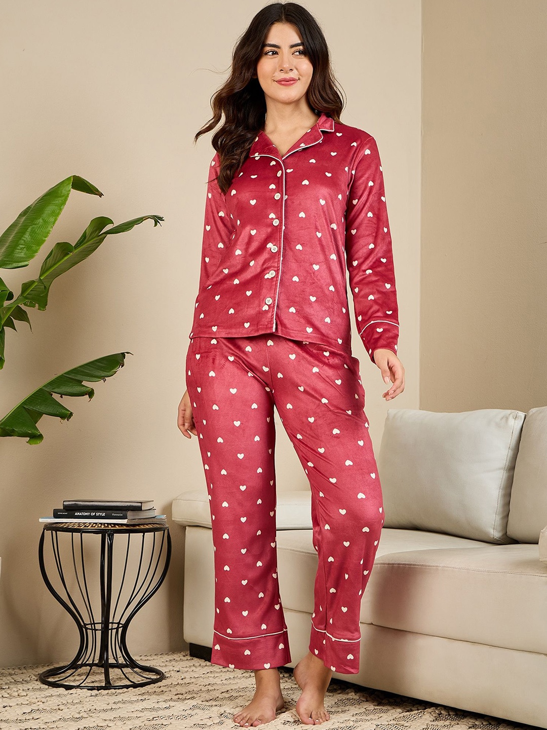 

July Printed Lapel Collar Night Suit, Maroon