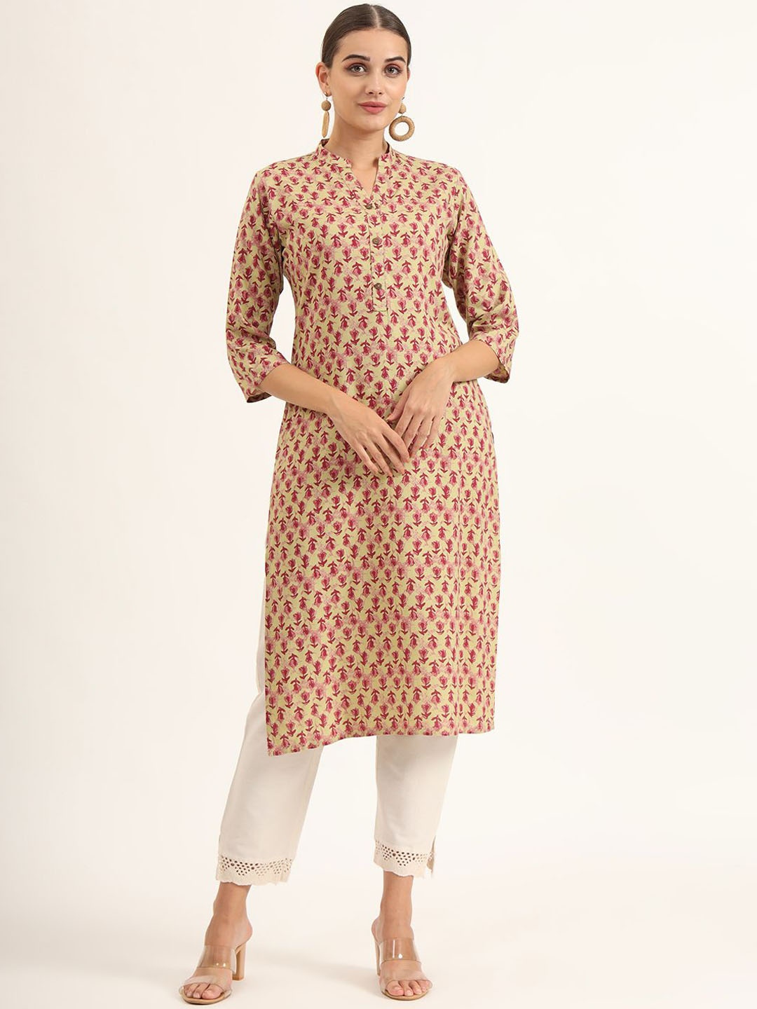 

KALINI Mandarin Collar Floral Printed Straight Kurta, Red