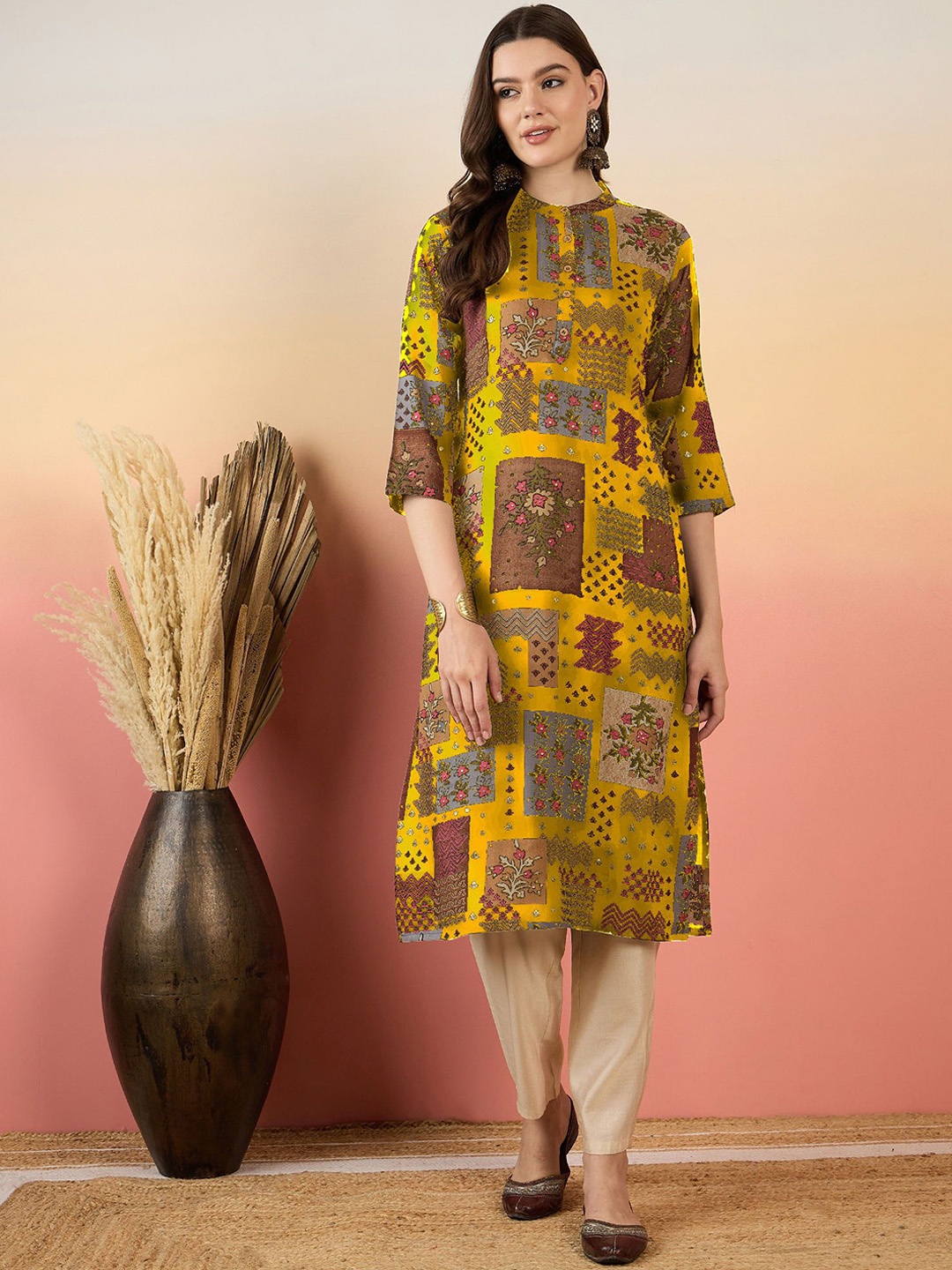 

Anouk Yellow and Brown Band Collar Floral Printed Straight Kurta