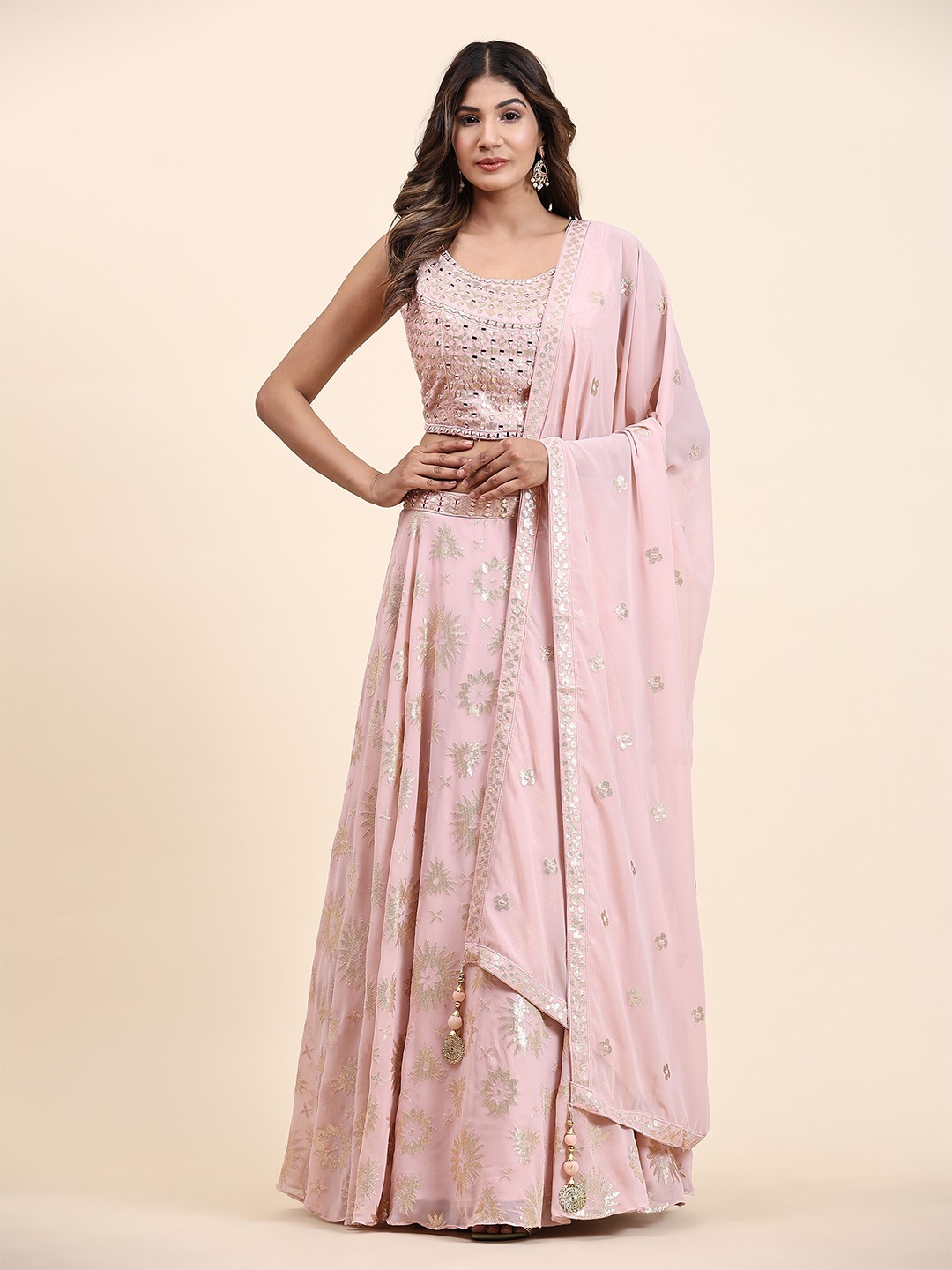 

VANAKARA Embroidered Mirror Work Ready to Wear Lehenga & Blouse With Dupatta, Pink
