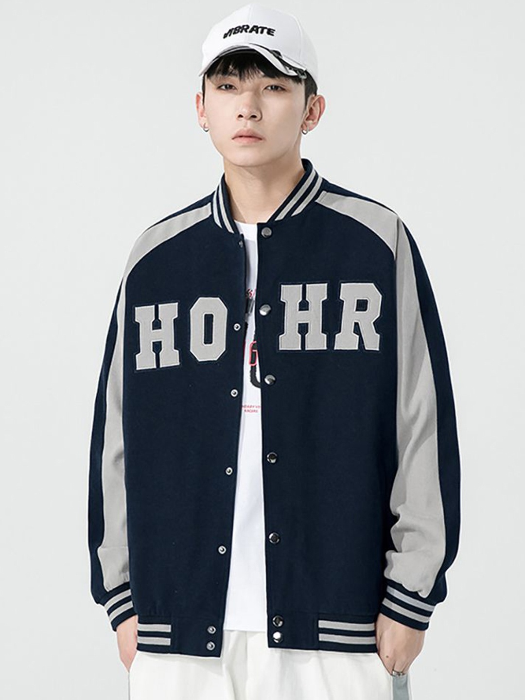 

StyleCast x Revolte Men Stand Collar Typography Printed Casual Bomber Jacket, Navy blue