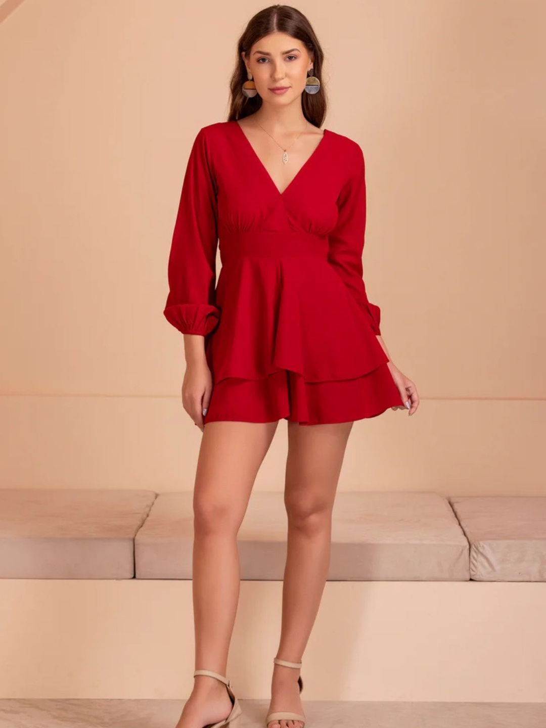 

DESIGNS BY QUEEN BEE Puff Sleeve Georgette Fit & Flare Dress, Red