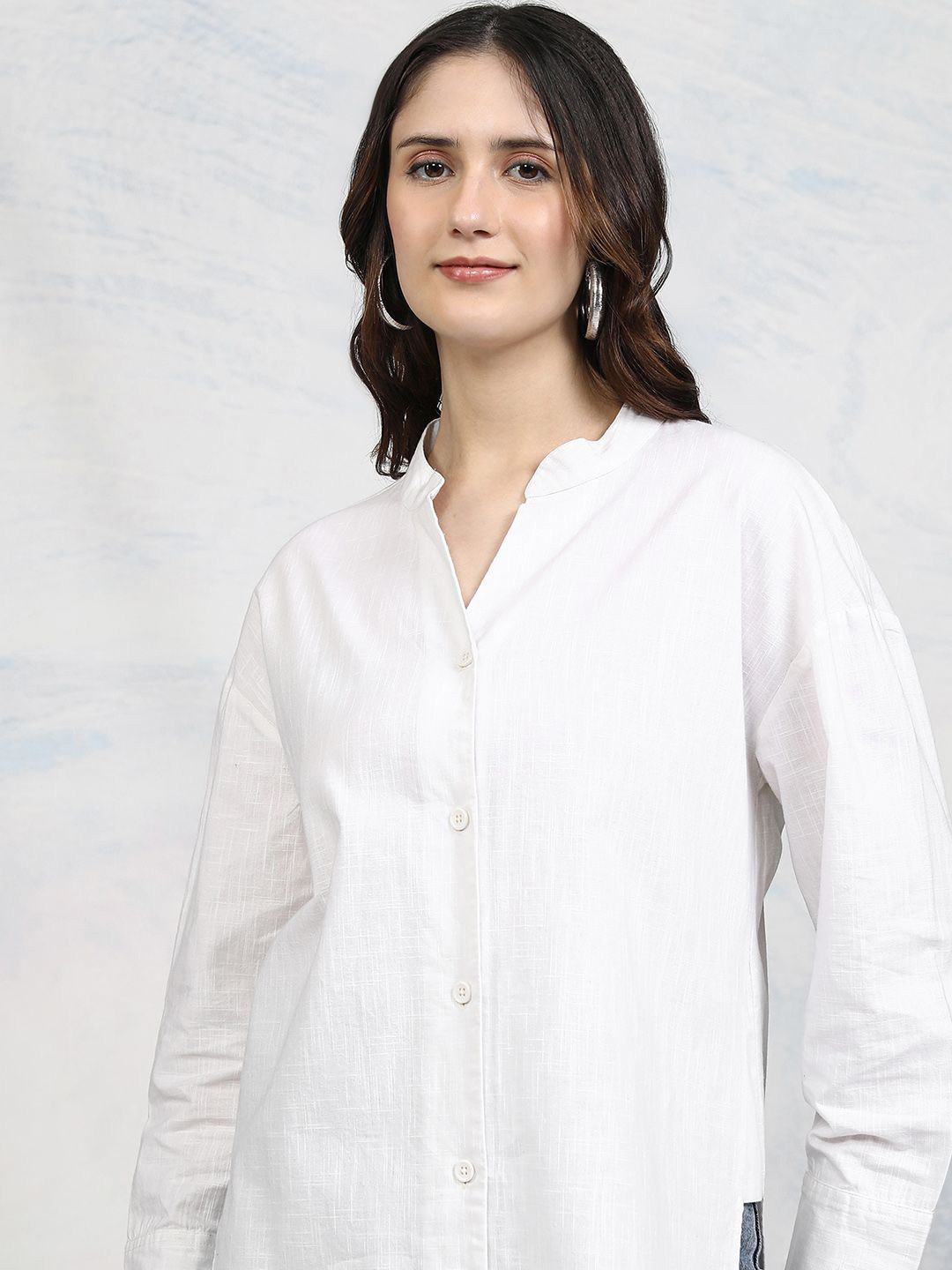 

Tokyo Talkies Women Button Down Drop Shoulder Cotton Shirt, White