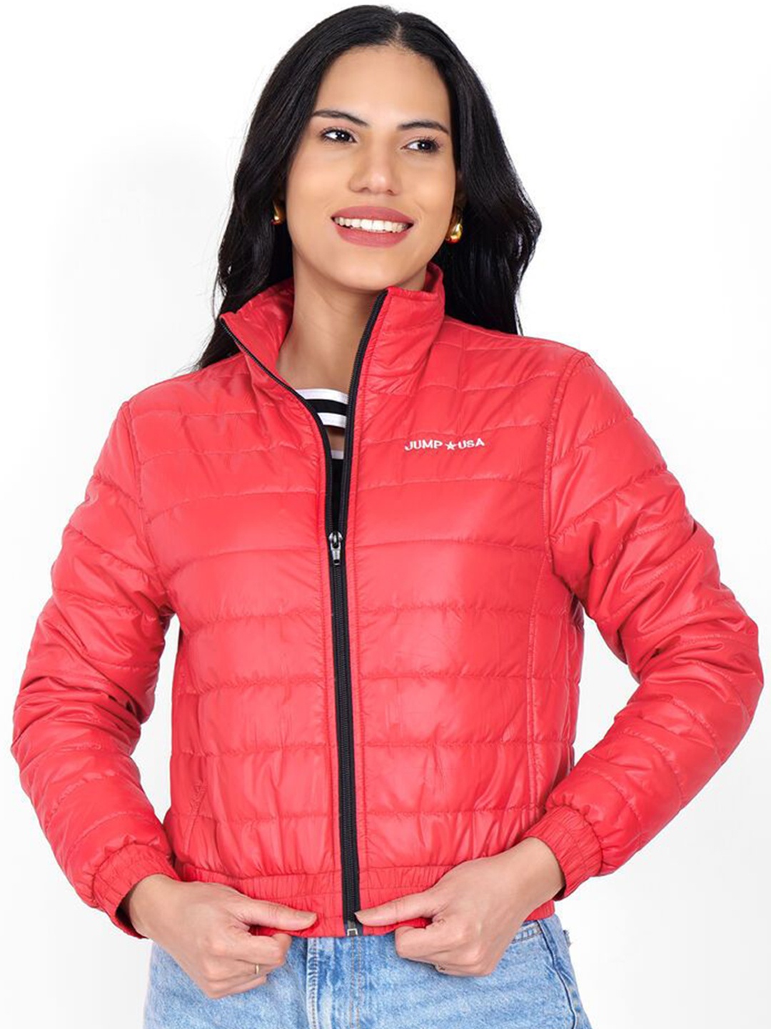 

JUMP USA Women Mock Collar Solid Casual Quilted Jacket, Red