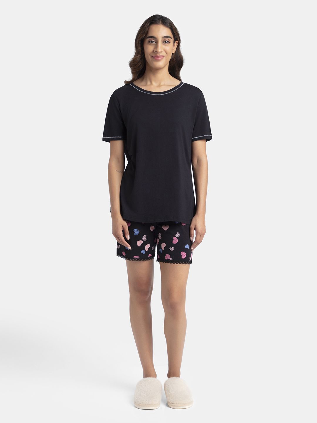 

Jockey Micro Modal Cotton Short Sleeve T-Shirt and Printed Shorts Set - RX80, Black