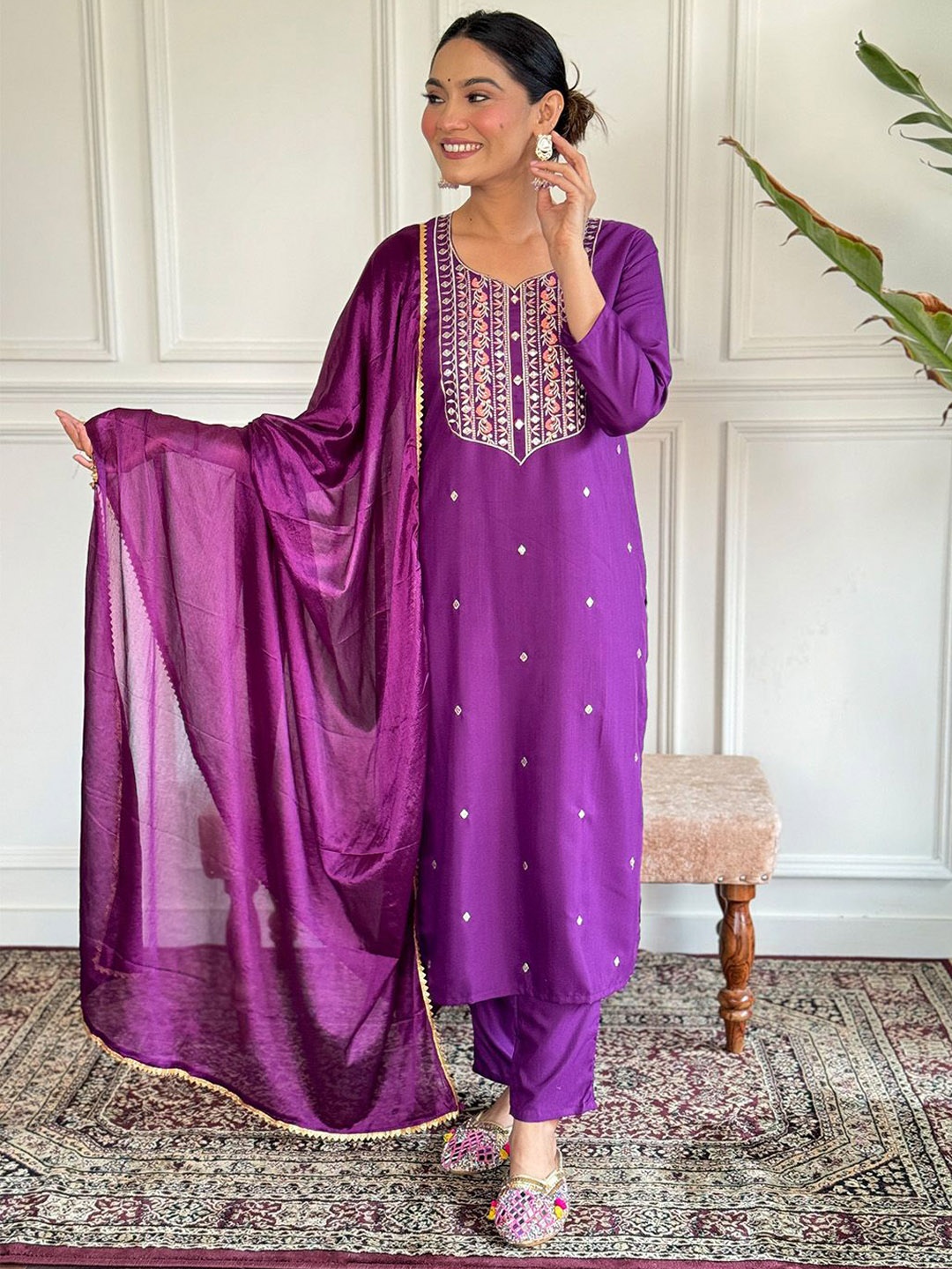 

Ishin Floral Embroidered Thread Work Straight Kurta with Trouser & Dupatta, Purple