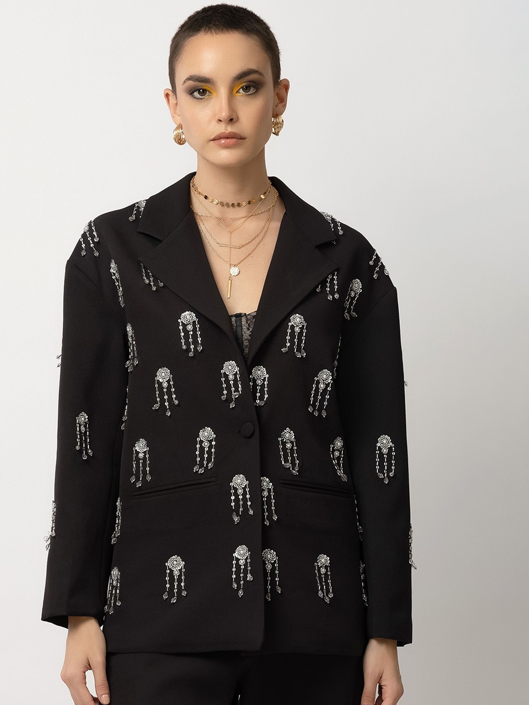 

Diwaah Embroidered Notched Lapel Collar Blazer With Trouser, Black