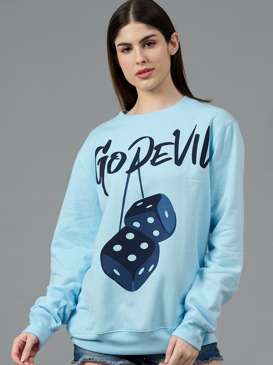 

GO DEVIL Women Printed Oversized Sweatshirt, Blue