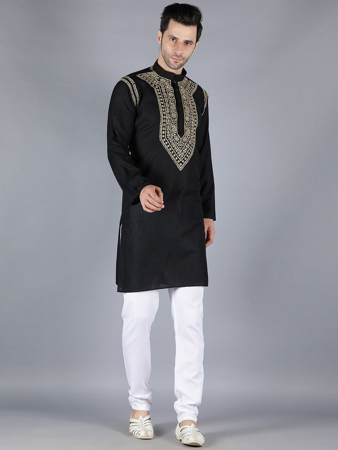 

Seva Chikan Mandarin Collar Ethnic Motifs Yoke Design Chikankari Cotton Kurta, Black