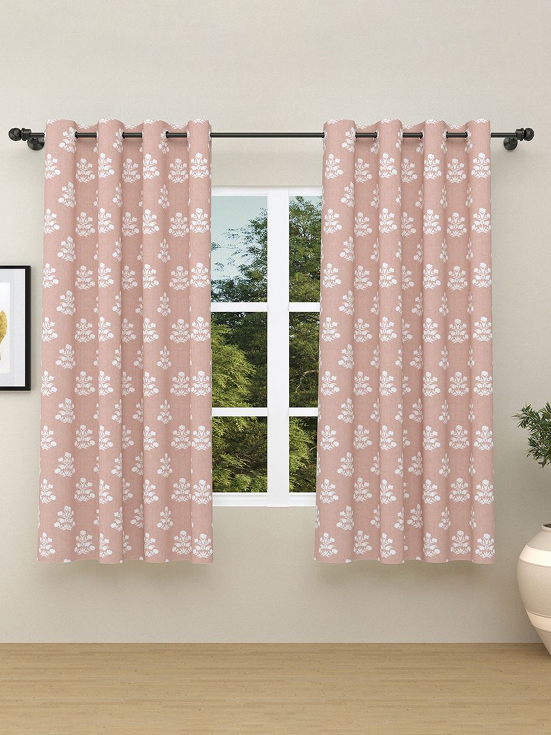 

haus & kinder Pink & White 2 Pieces Floral Pure Cotton Room Darkening Window Curtains