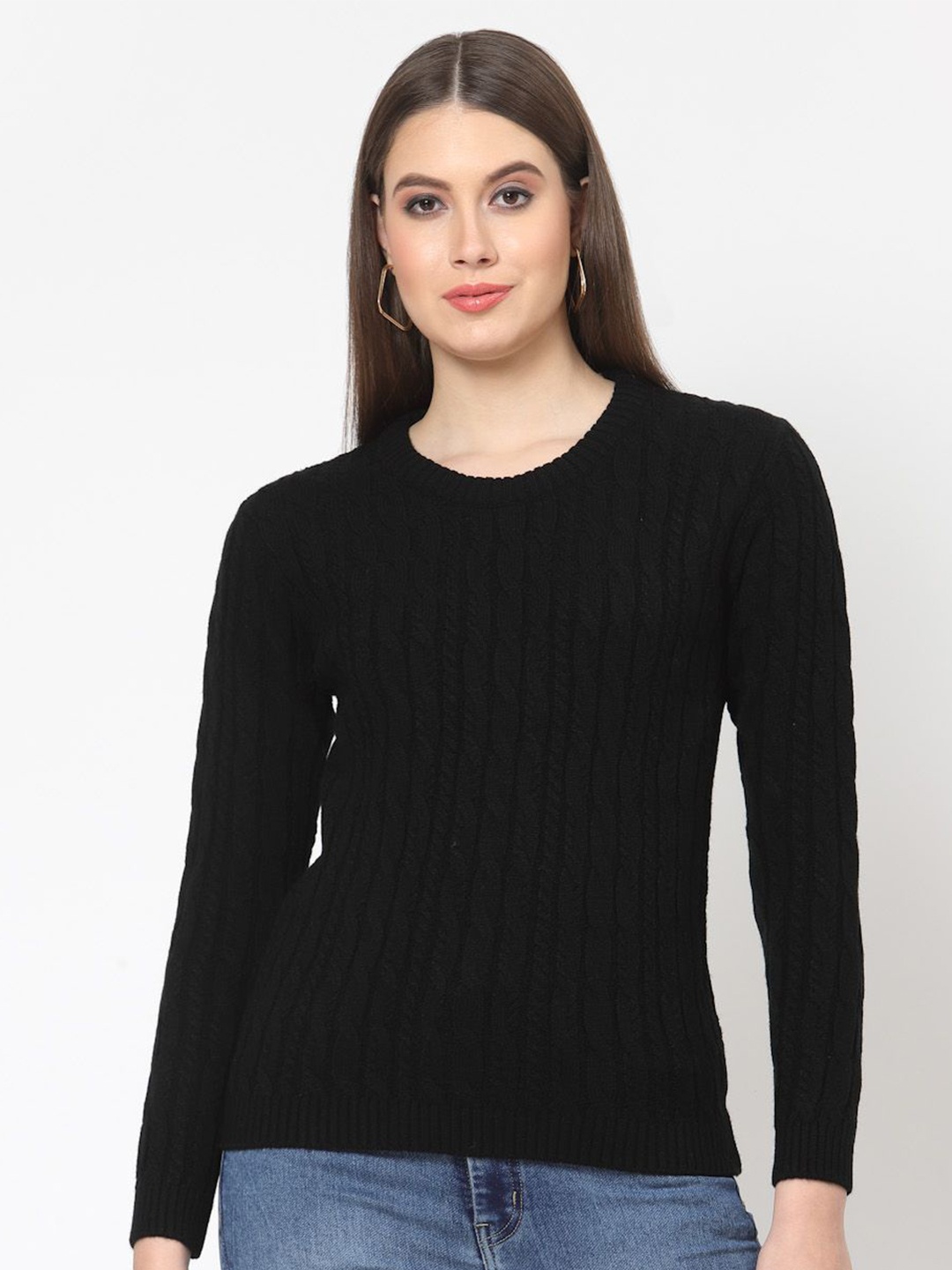 

Kalt Women Cable Knit Full Sleeves Round Neck Pullover, Black