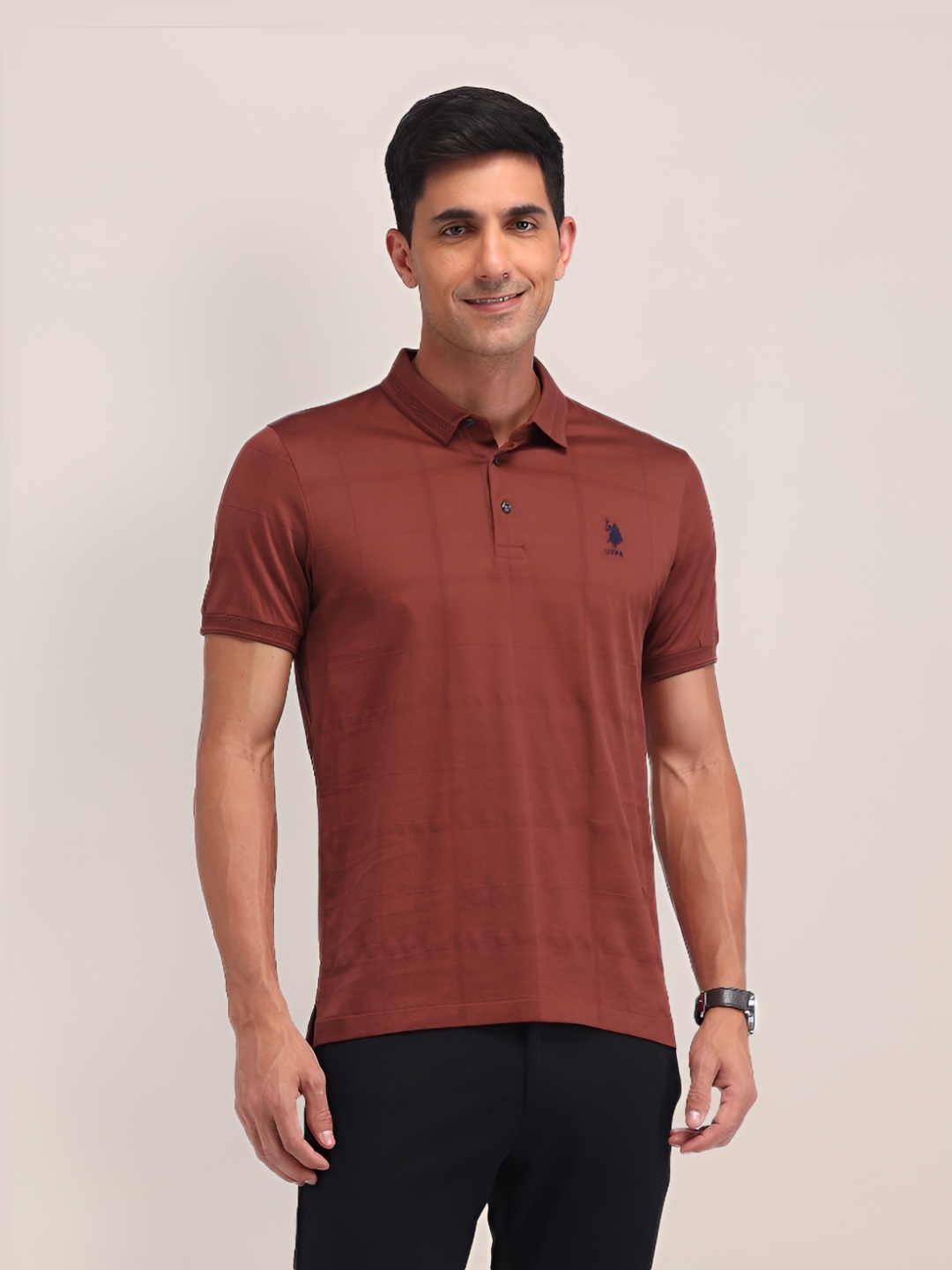 

U.S. Polo Assn. Men Self Design Polo Collar Cotton Slim Fit T-shirt, Rust