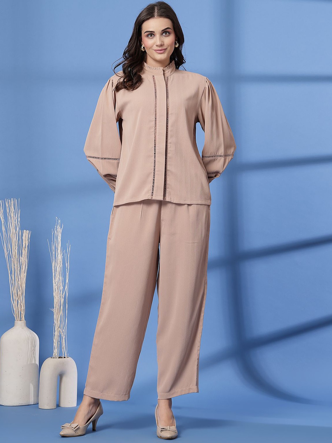 

plusS Peach Mandarin Collar Shirt With Trouser