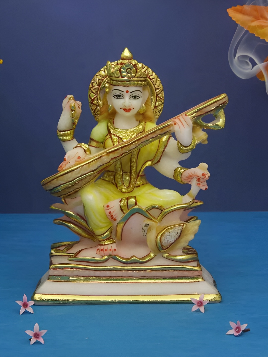 

HANDICRAFTS PARADISE White & Gold Toned Religious Saraswati Idol Showpiece