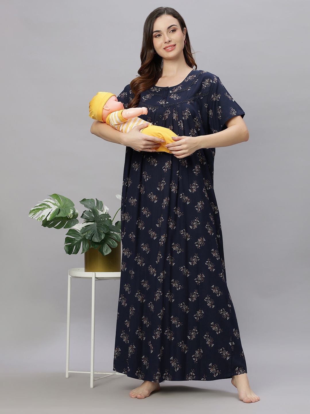 

QUIRA Women's Printed Maxi Maternity Nightdress, Navy blue