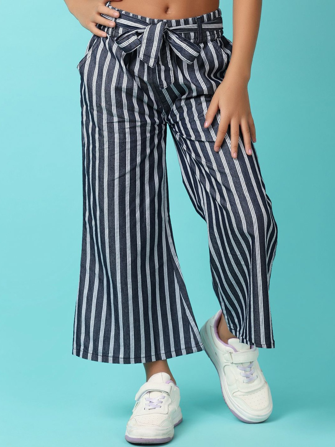 

V-Mart Girls Striped Pure Cotton Denim Straight Fit Drawstring Trousers, Blue