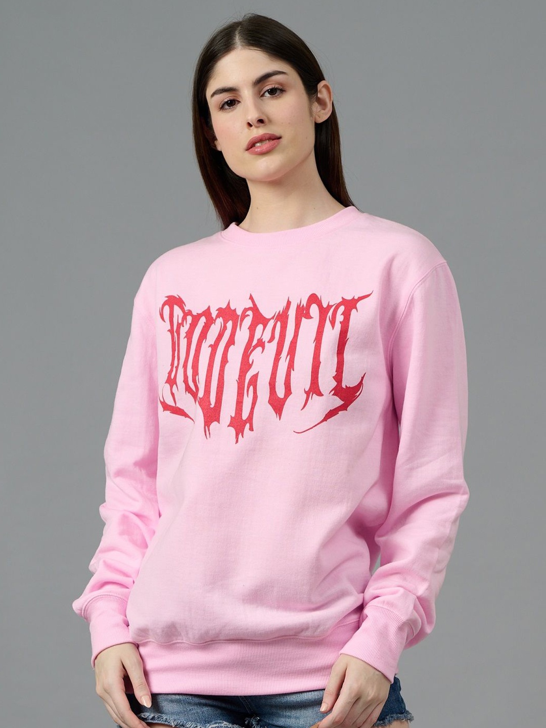 

GO DEVIL Women Printed Oversized Sweatshirt, Pink