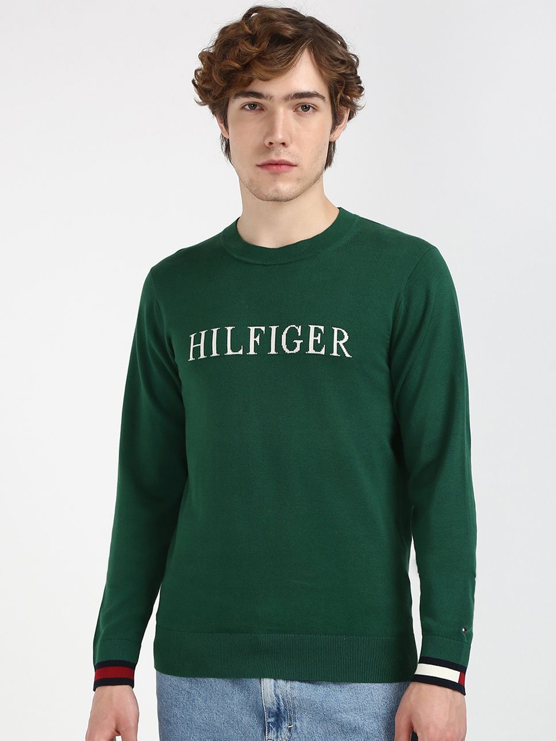 

Tommy Hilfiger Men Typography Printed Round Neck Pullover Sweaters, Green