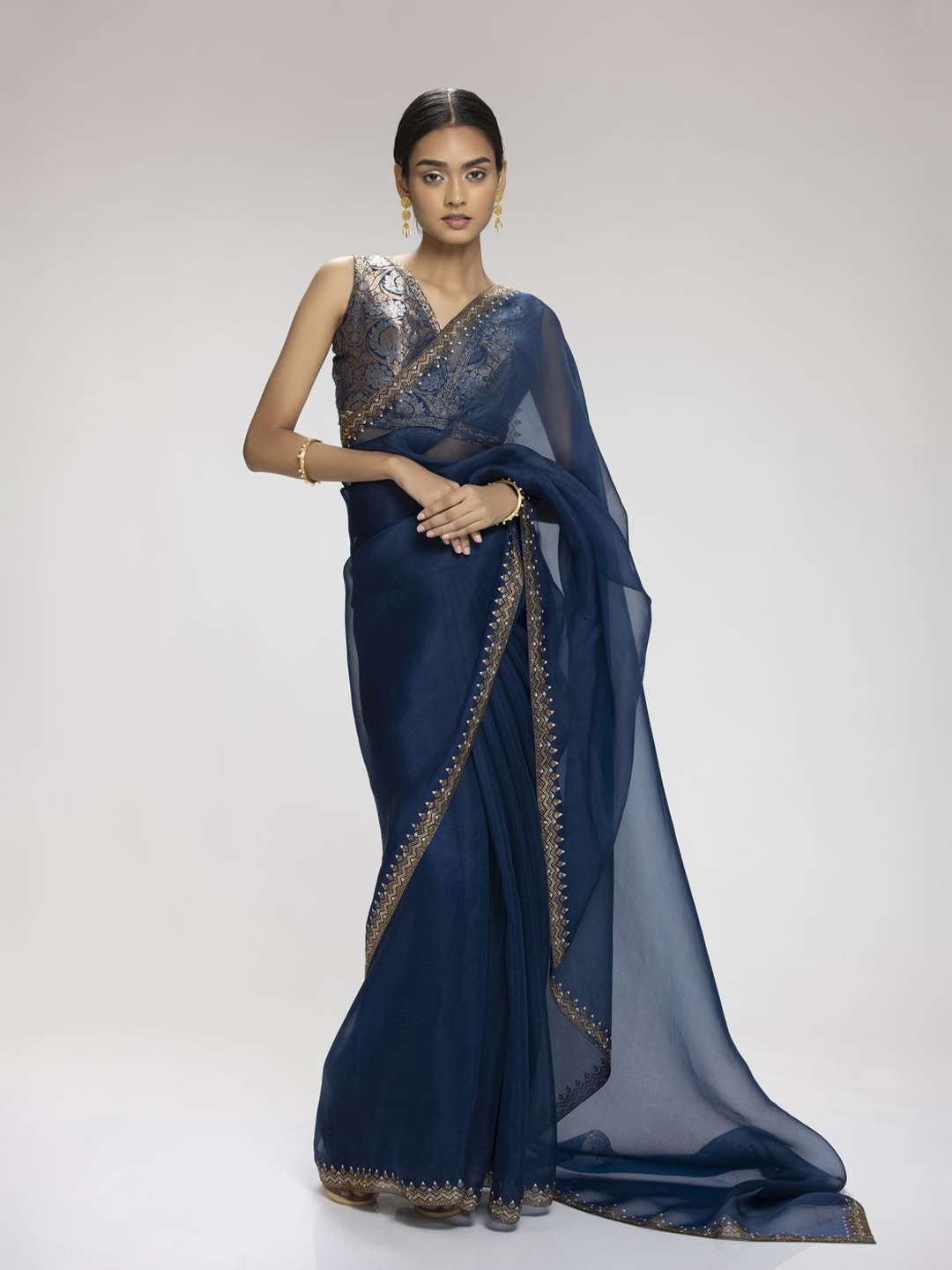 

Chhaya Mehrotra Embroidered Organza Saree, Navy blue