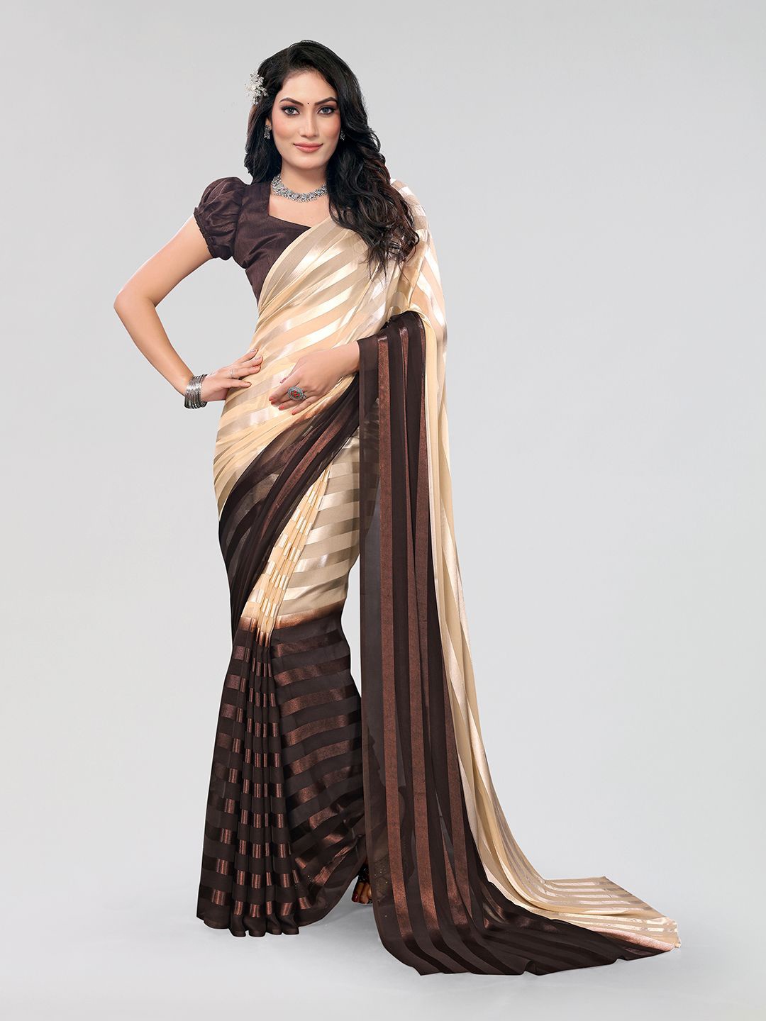 

Moda Rapido Striped Printed Satin Saree With Unstitched Blouse Piece, Beige