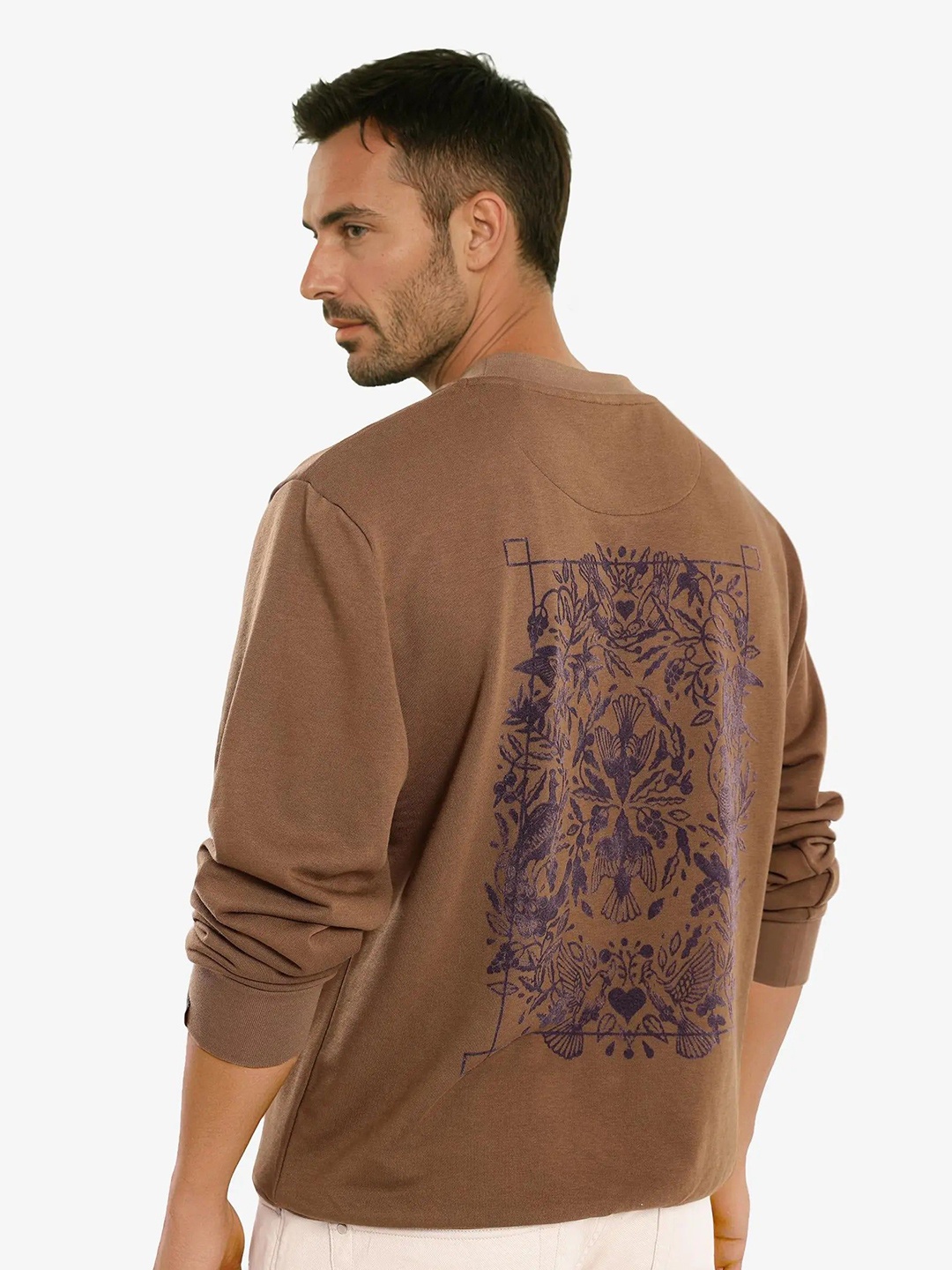 

RARE RABBIT Men Printed Round Neck Pullover Cotton Sweatshirt, Rust