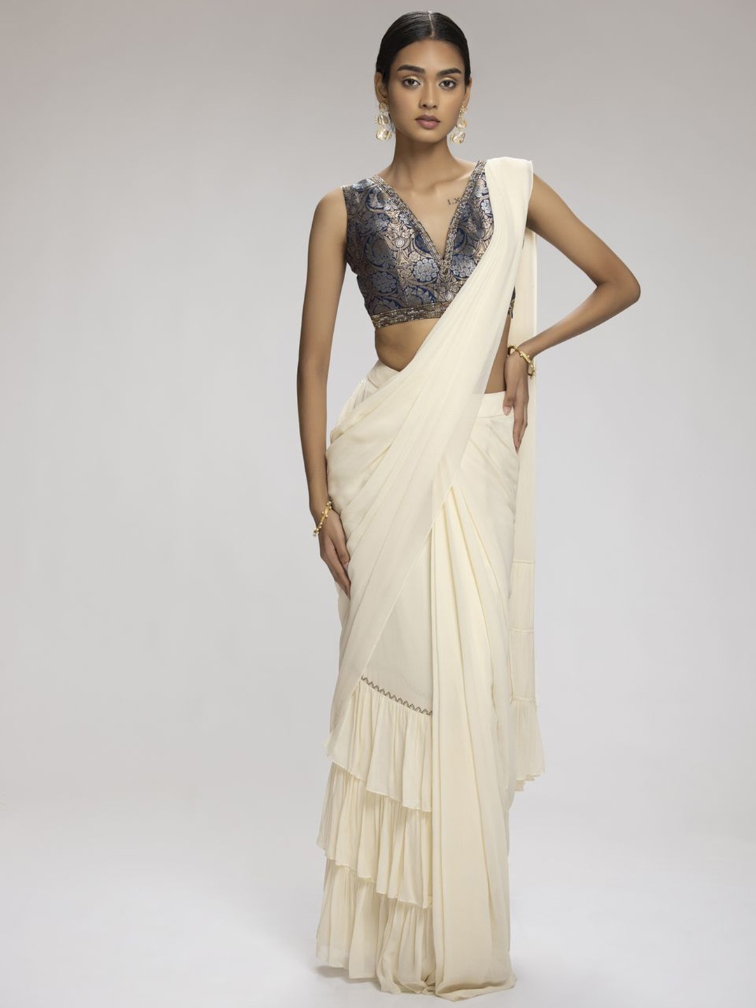 

Chhaya Mehrotra Women Pure Georgette Saree With Stitched Blouse, Cream