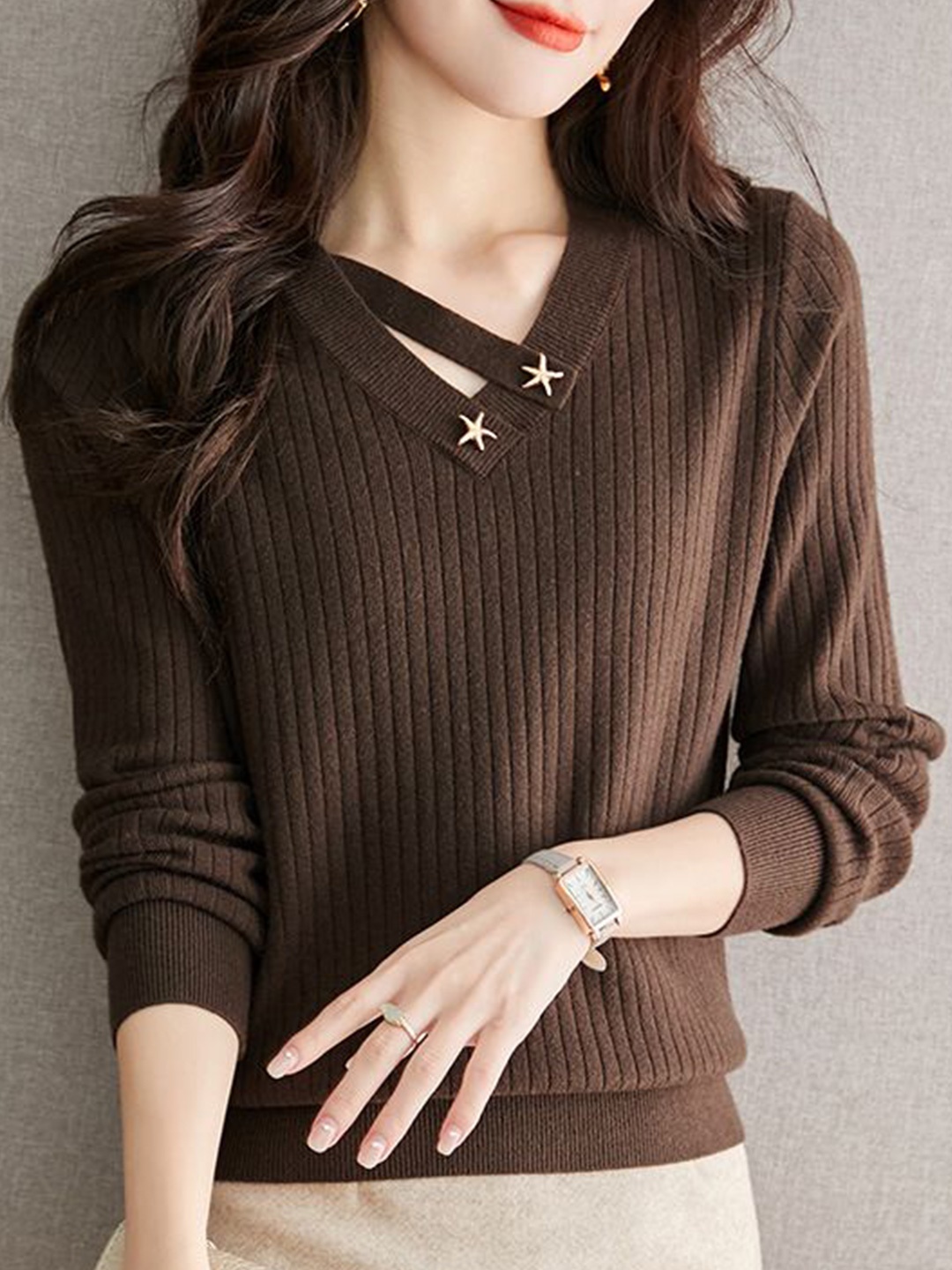 

StyleCast Women Striped Winter Pullover with Embellished Detail, Brown