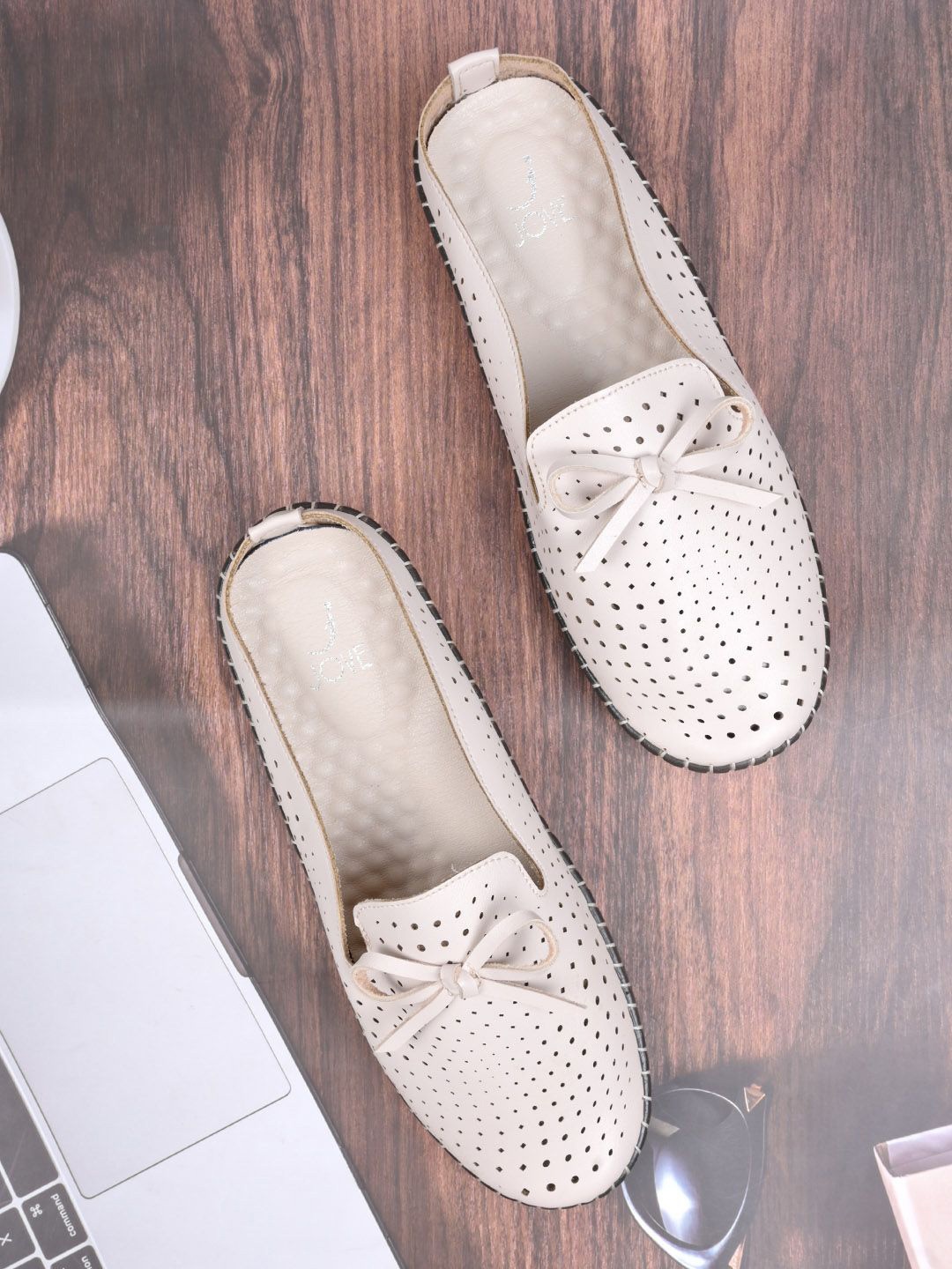 

Jove Women Perforations PU Slip-On Loafers With Bow Details, Beige