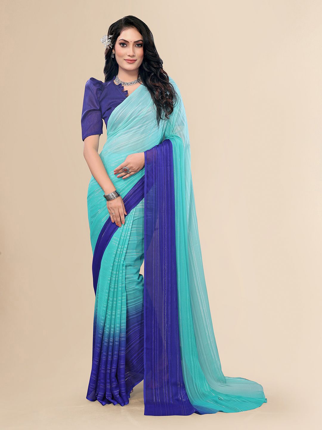 

Moda Rapido Striped Satin Saree, Blue