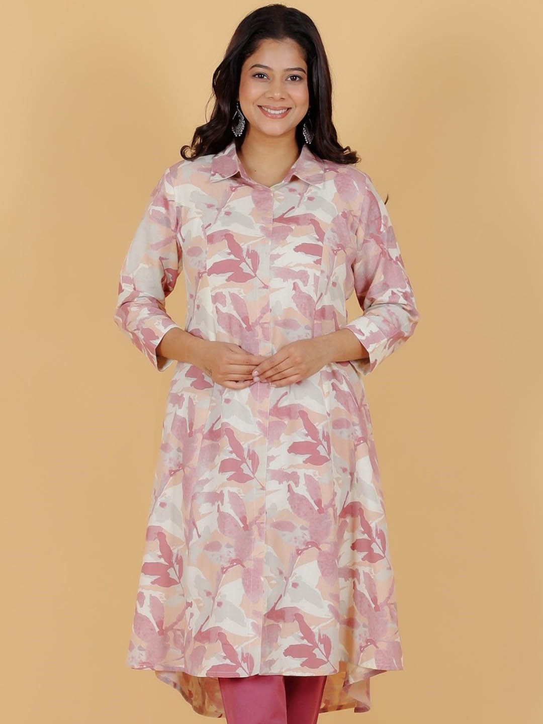 

Aramya Floral Printed Shirt Collar Three-Quarter Sleeves Regular Linen A-Line Kurta, Pink