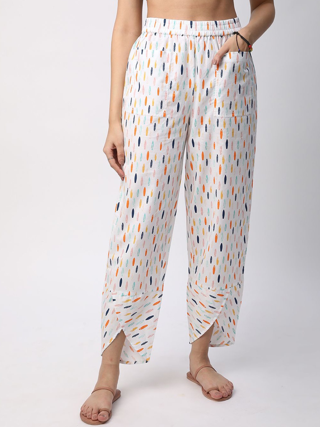 

Mystere Paris Women Cotton Printed Mid- Rise Flared Trousers, White