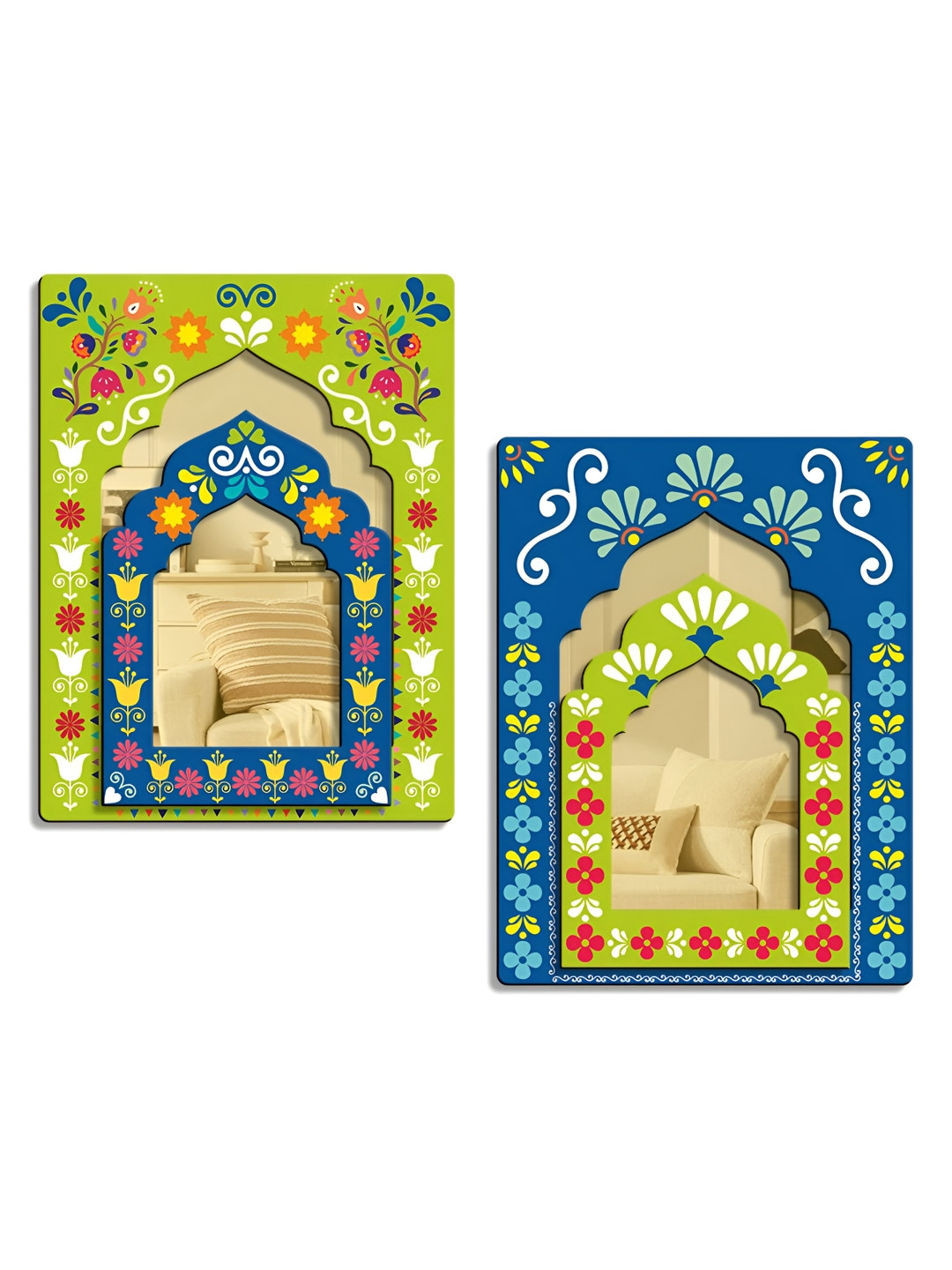 

SEHAZ ARTWORKS Green & Blue 2 Pieces Jharokha Printed Wooden Wall Hangings