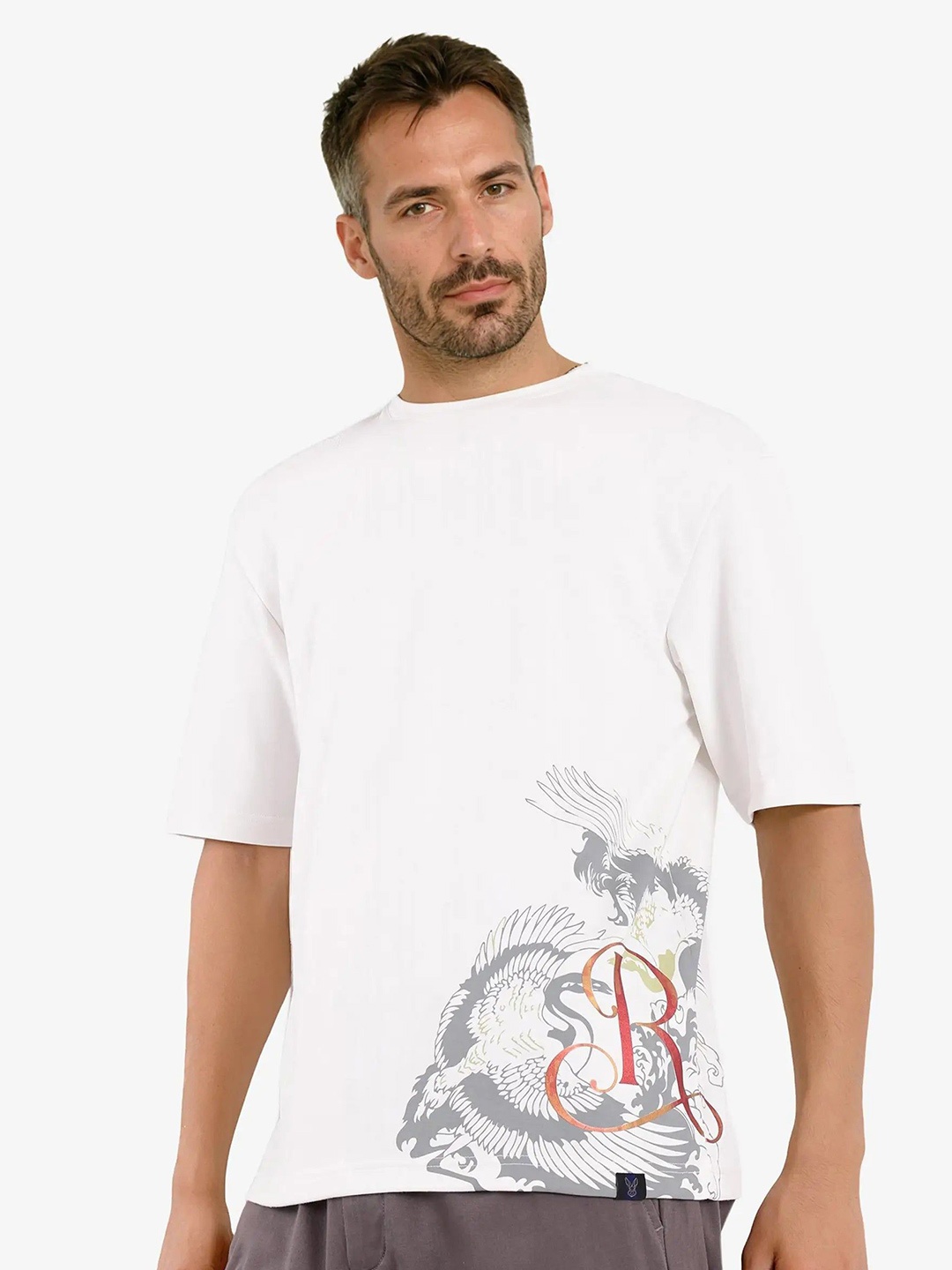 

RARE RABBIT Men Biker Printed Pockets Boxy T-shirt, Off white