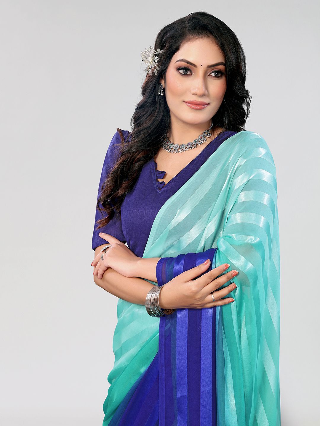 

Moda Rapido Striped Satin Saree With Blouse Piece, Green