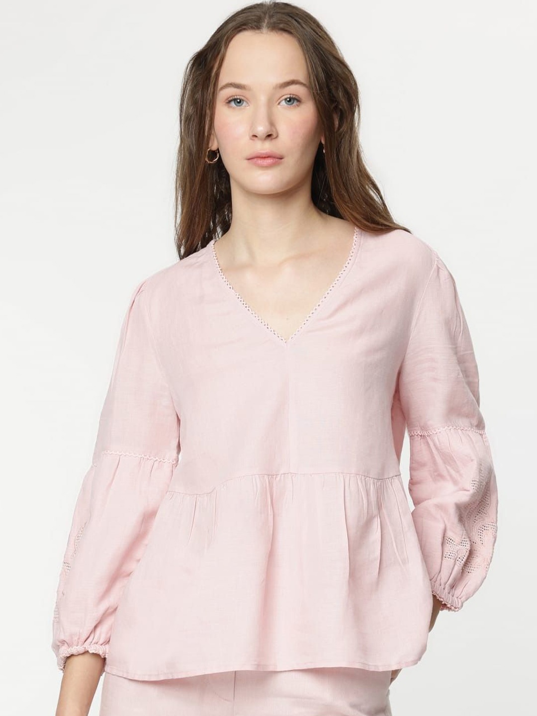 

Marks & Spencer Women V-neck Puff Sleeves Cinched Waist Top, Pink