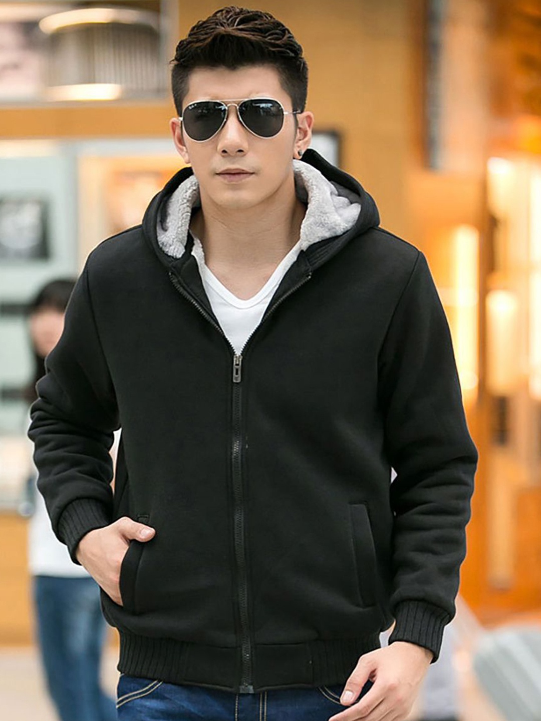 

StyleCast x Revolte Men Hooded Solid Casual Bomber Jacket, Black