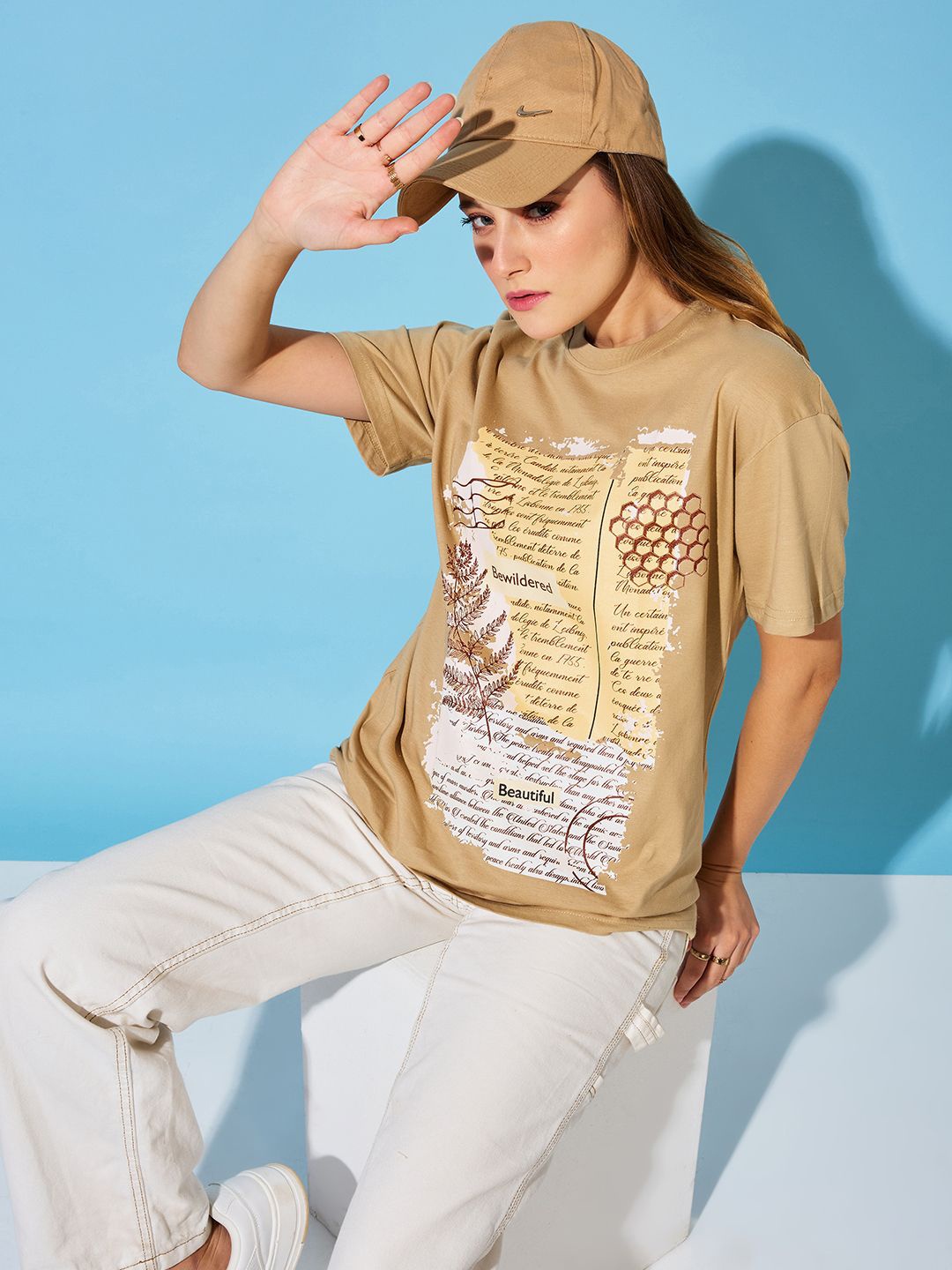 

The Roadster Lifestyle Co Printed Cotton Oversized T-shirt, Beige