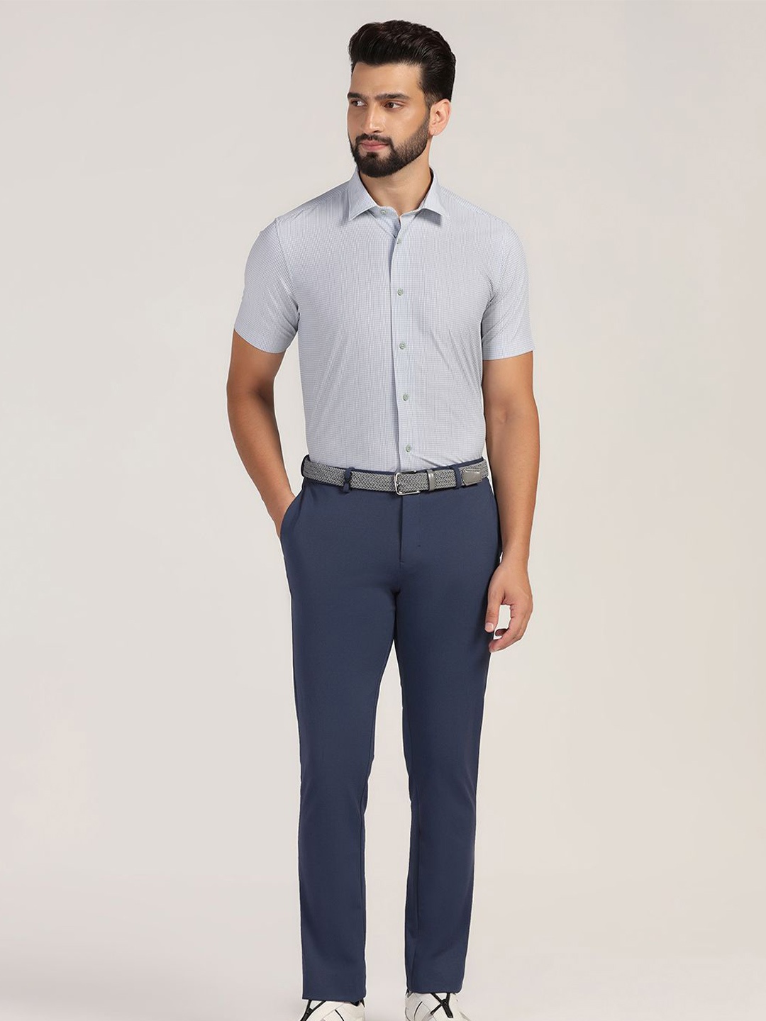 

Blackberrys Men India Slim Spread Collar Micro Checked Slim Fit Casual Shirt, Blue