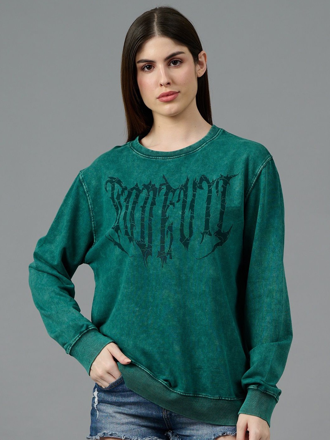 

GO DEVIL Women Printed Oversized Sweatshirt, Green