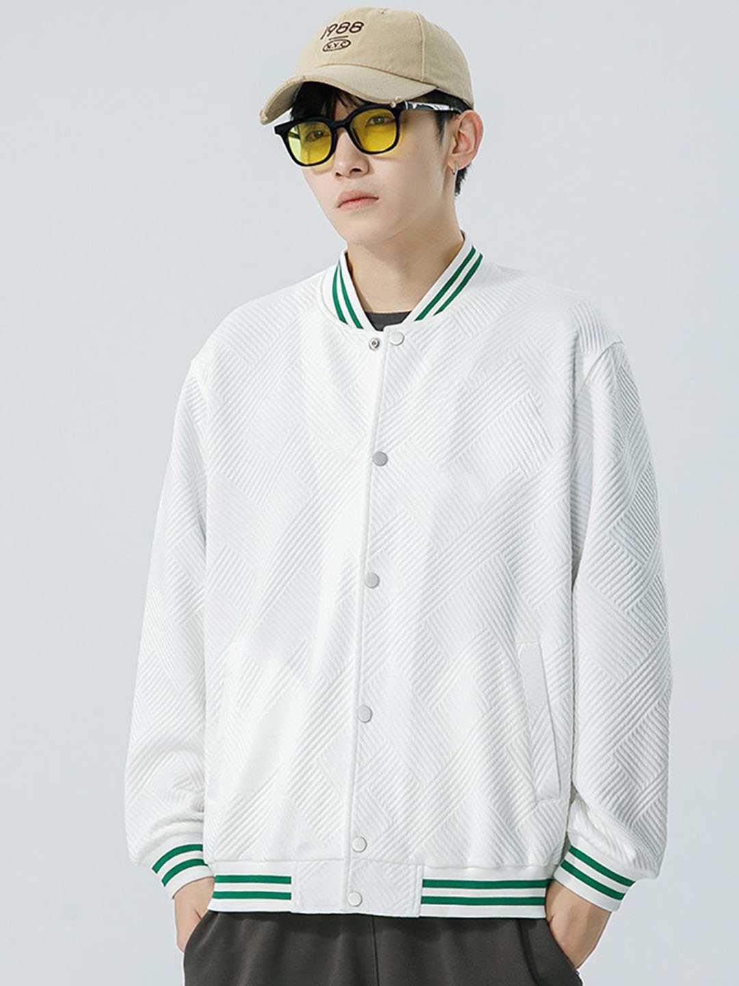 

StyleCast x Revolte Men Stand Collar Self Design Casual Bomber Jacket, White