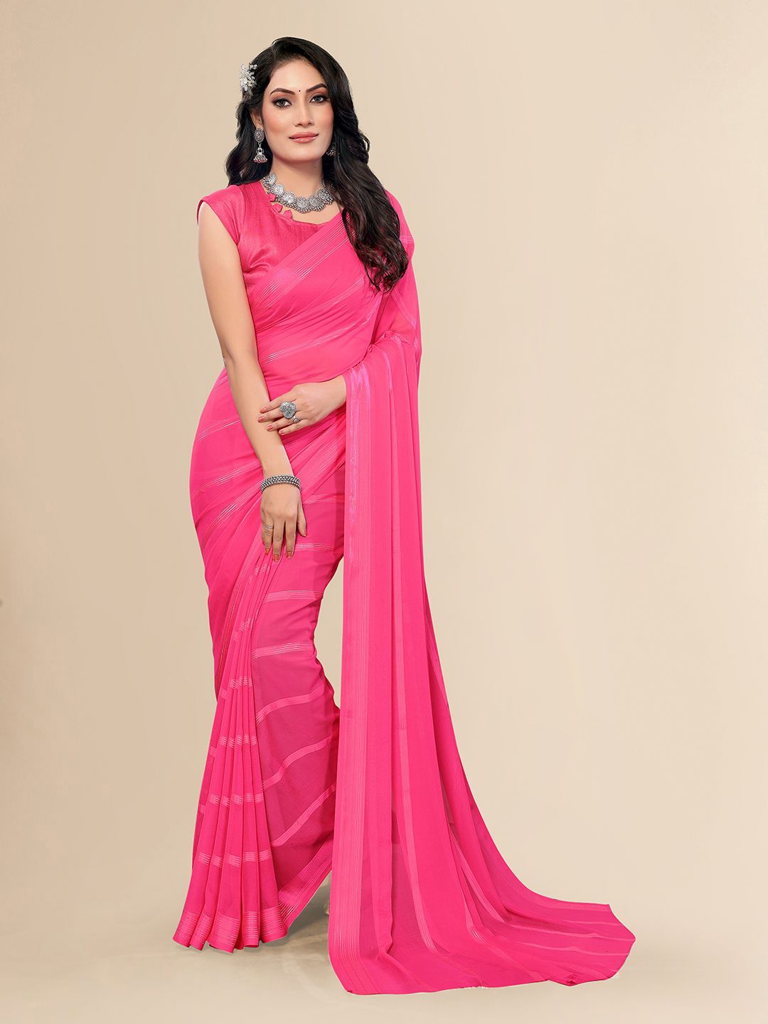 

Moda Rapido Striped Printed Satin Saree, Pink